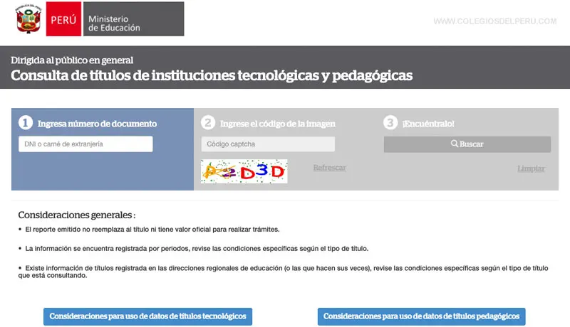 Consultar títulos de instituciones Tecnológicas y Pedagógicas